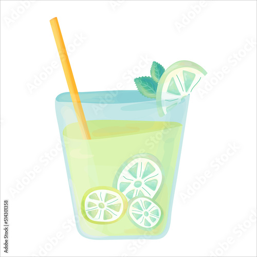 A glass of lemonade with lemon slices and mint leaves. Isolated vector illustration. A glass of citrus lemonade on a white background.
