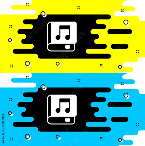 White Audio book icon isolated on black background. Musical note with book. Audio guide sign. Online learning concept. Vector
