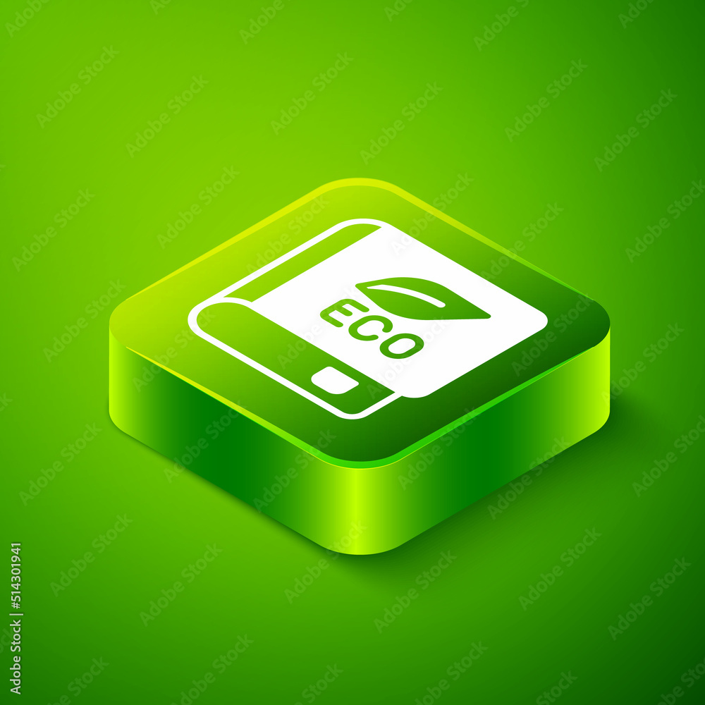 Isometric Book about ecology icon isolated on green background. Biology book. Green square button. Vector Isometric Book about ecology icon isolated on green background. Biology book. Green square button. Vector