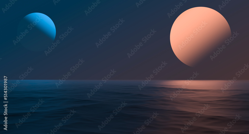 Abstract space minimalism of the planet on the background of the ocean. Orange and blue planet on the water horizon. 3D render.