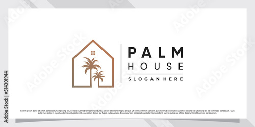 Palm tree and house logo design illustration with creative concept Premium Vector