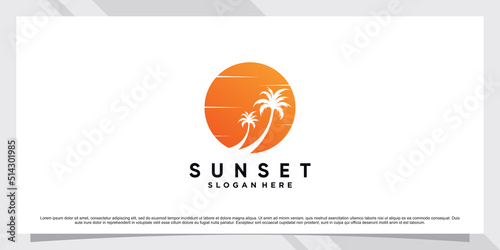 Sunset logo design template with palm tree and creative element Premium Vector