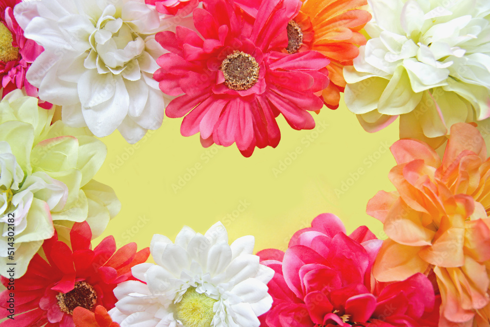 Bright Flower Border on Yellow Background With Text Space