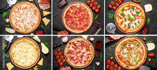 Six different pizza set for menu. collage of photos with different pizzas