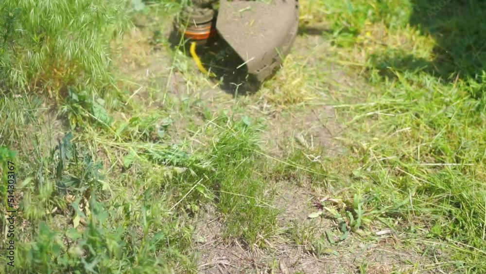 Close up lawn string trimmer cutting grass at the backyard. Summer lawn care Close up lawn string trimmer cutting grass at the backyard. Summer lawn care