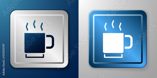 White Coffee cup icon isolated on blue and grey background. Tea cup. Hot drink coffee. Silver and blue square button. Vector