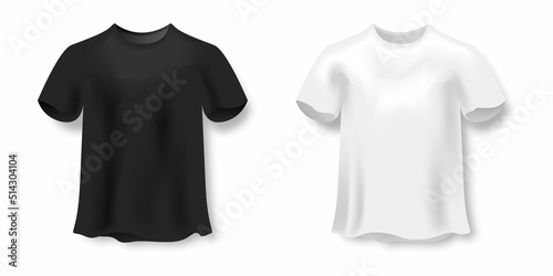 Tshirt blank 3d vector mockup. Black and white shirt, man chest wear empty deign.