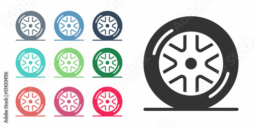 Black Car wheel icon isolated on white background. Set icons colorful. Vector