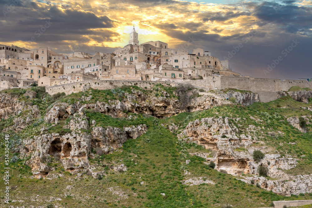 Scenic view of historic downtown Matera and its cathedral, Southern Italy