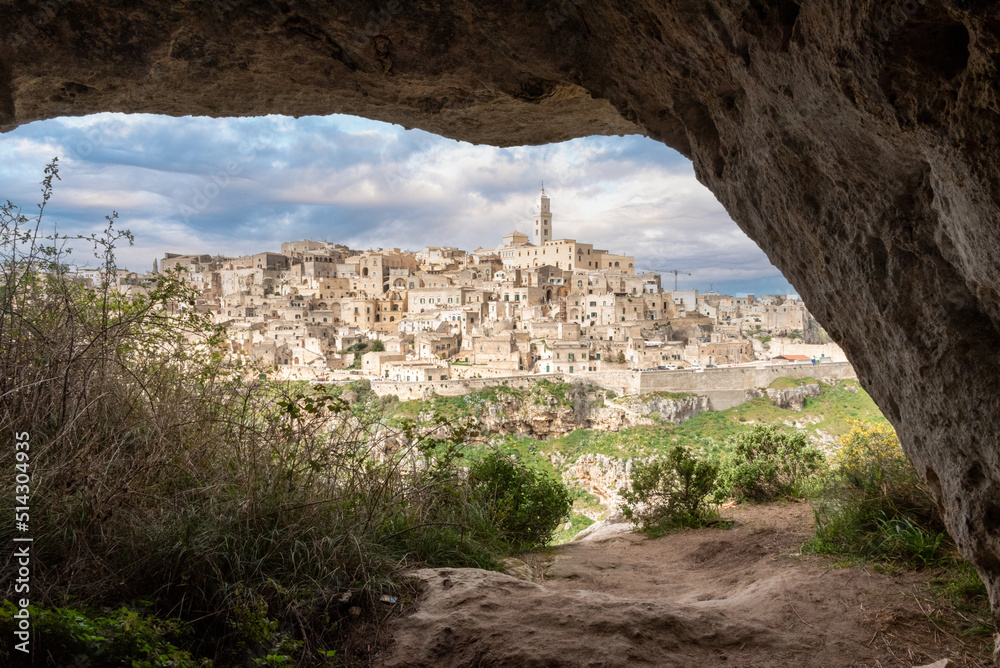 Scenic view of historic downtown with its cathedral, photo taken from a cave house, Southern Italy