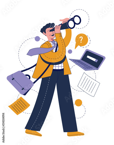 Man looking through binoculars on the subject of searching of future opportunities, decisions, new business ideas. Business research and development concept.