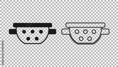Black Kitchen colander icon isolated on transparent background. Cooking utensil. Cutlery sign. Vector