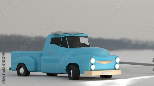 3d illustration of a 1950's pick-up truck in the snow