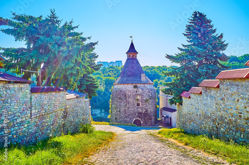 The way to Honcharna Tower (Pottery Tower), the preserved tower on the edge on medieval Kamianets-Podilskyi town, Ukraine photo