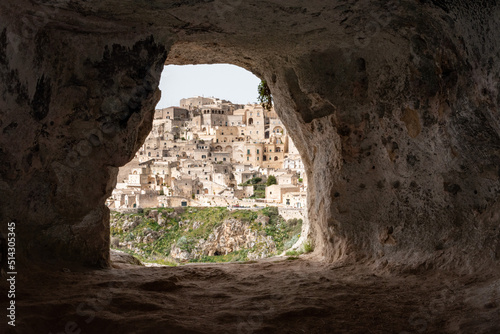 Scenic view of historic downtown with its cathedral, photo taken from a cave house, Southern Italy