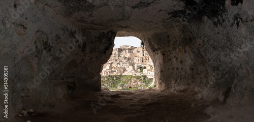 Scenic view of historic downtown with its cathedral  photo taken from a cave house  Southern Italy