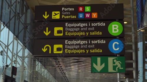 Baggage Claim, Immigration and Gates sign in airport. Spanish symbols. photo