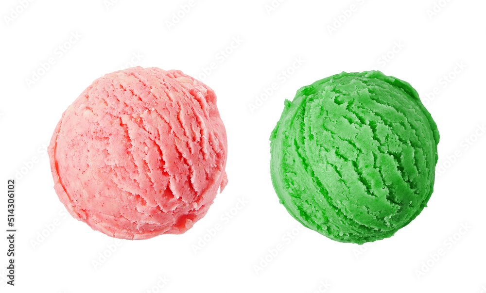 Strawberry and pistacchio ice cream ball isolated on white background Strawberry and pistacchio ice cream ball isolated on white background