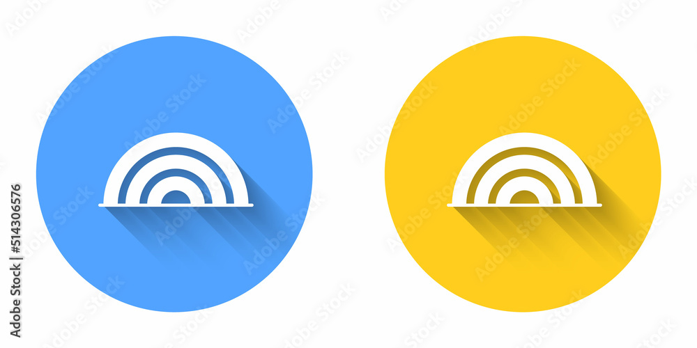 White Rainbow icon isolated with long shadow background. Happy Saint Patricks day. National Irish holiday. Circle button. Vector White Rainbow icon isolated with long shadow background. Happy Saint Patricks day. National Irish holiday. Circle button. Vector