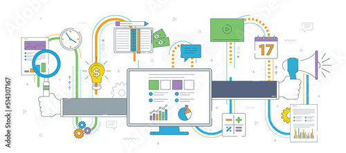 Hands with magnifying glass and megaphone, analysis of financial report, audit tax process, research and data accounting. Vector illustration in thin line design.