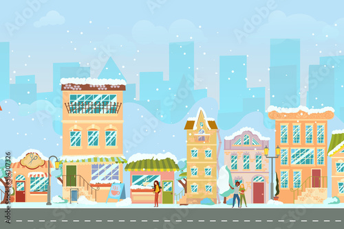 City street. Panoramic cityscape with bright houses, walking pedestrians, snow. Shop and stores. Winter city. Vector illustration in cartoon style.