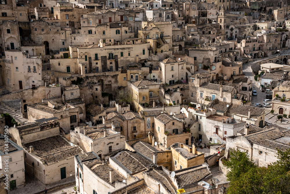 Great view of residential dwellings in Matera, Italy