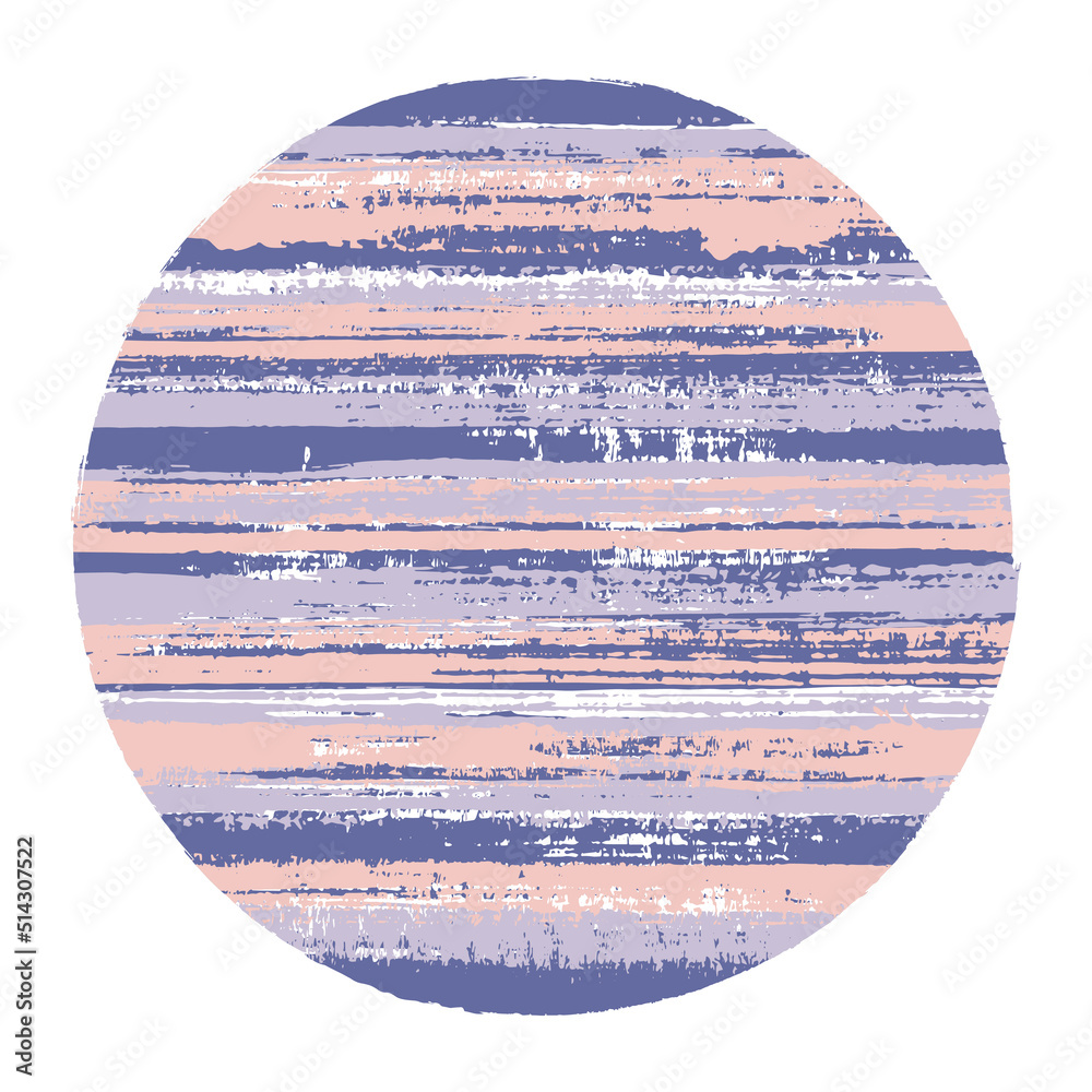 Modern circle vector geometric shape with striped texture of ink horizontal lines. Disk banner with old paint texture. Stamp round shape circle logo element with grunge background of stripes.