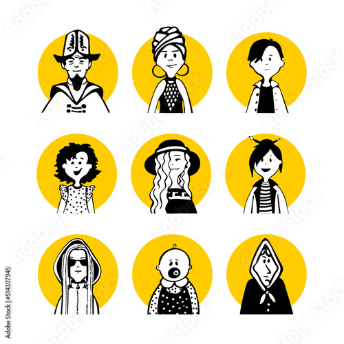 Collection of 15 comic faces and characters of people in style of doodles for avatar in the yellow circle