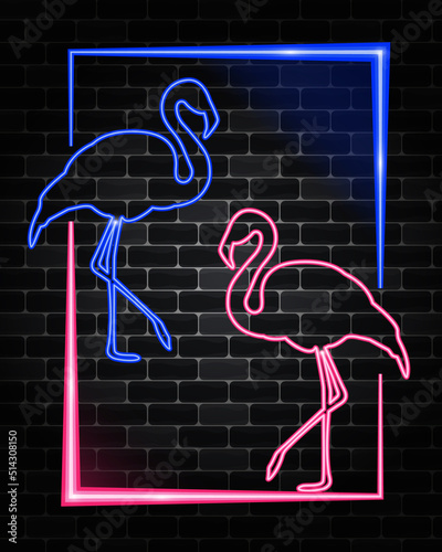 Flamingos in a frame. Neon effect. Isolated on a dark brick background. Night party banner. Prints, flyers, invitations.