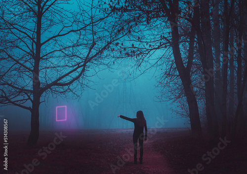 Girl on the road in a mysterious forest. Background wallpaper. Strange forest. Mystic atmosphere. Dark scary road. Paranormal another world. Ghost in the fog. The pursuit. Horrible dream.
