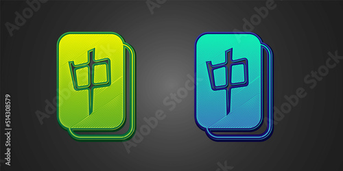 Green and blue Mahjong pieces icon isolated on black background. Chinese mahjong red dragon game emoji. Vector