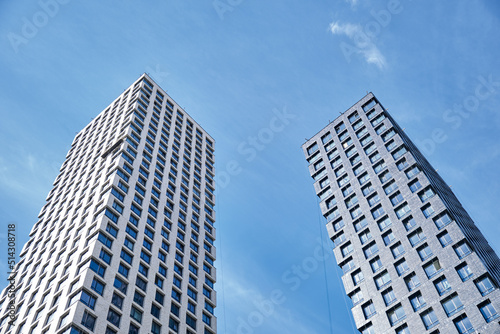 Moscow, Russia 2022 New buildings facades in housingresidential complex Moscow city, Russia. Modern style in architecture. New houses in dormitory area of Moscow.
