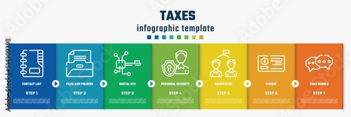 taxes concept infographic design template. included contact list, files and folders, digital key, personal security, competitor, cheque, chat bubble icons and 7 option or steps.