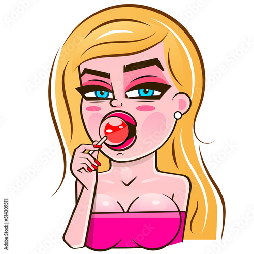Vector pop art pin up illustration of a young sexy punk girl sucks lollipop