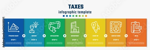 taxes concept infographic design template. included pyramid chart, opinion, devaluation, department, start up, contact book, bills icons and 7 option or steps.