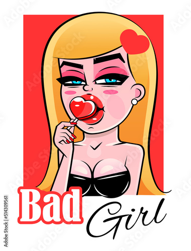 Vector pop art pin up illustration of a young sexy punk girl sucks lollipop