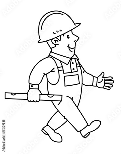 Funny construction worker walk with building level