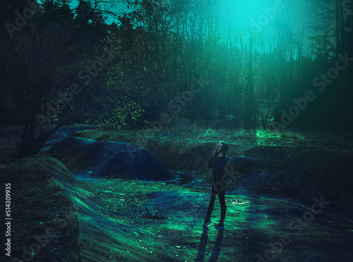 Girl in a strange place in the paranormal world. Post apocalypse. Retrowave. Mystery forest, mystical atmosphere. Dark wood. Background wallpaper. Horrible dream. Another life, a lost world.