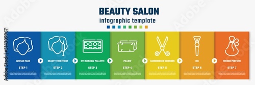 beauty salon concept infographic design template. included woman face, beauty treatment, eye shadow pallette, pillow, hairdresser scissors, inc, french perfume icons and 7 option or steps.
