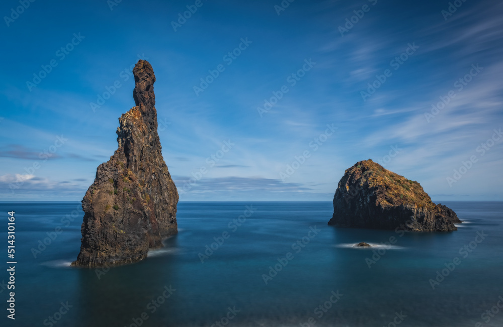 Volcanic rocky formation on Ribeira da Janela, Madeira, Portugal. October 2021. Long exposure picture in sunny day.