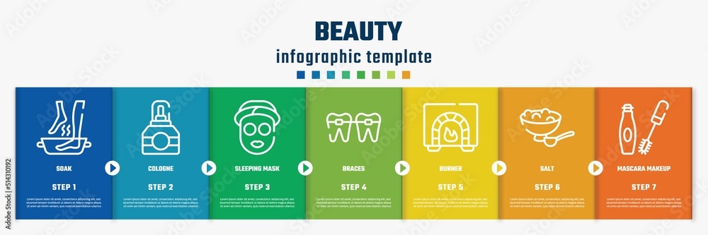 beauty concept infographic design template. included soak, cologne, sleeping mask, braces, burner, salt, mascara makeup icons and 7 option or steps.