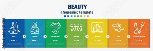 beauty concept infographic design template. included soak, cologne, sleeping mask, braces, burner, salt, mascara makeup icons and 7 option or steps.