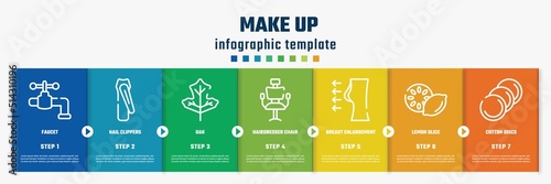 make up concept infographic design template. included faucet, nail clippers, oak, hairdresser chair, breast enlargement, lemon slice, cotton discs icons and 7 option or steps.