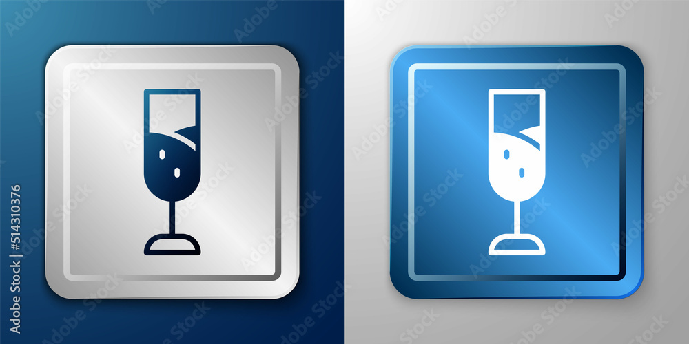 White Glass of champagne icon isolated on blue and grey background. Merry Christmas and Happy New Year. Silver and blue square button. Vector White Glass of champagne icon isolated on blue and grey background. Merry Christmas and Happy New Year. Silver and blue square button. Vector