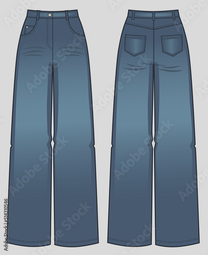 Jeans wide leg, denim pants technical fashion illustration.