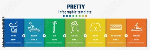 pretty concept infographic design template. included ice tea, relaxing, cane, hair style, breast, toe separator, massages icons and 7 option or steps.