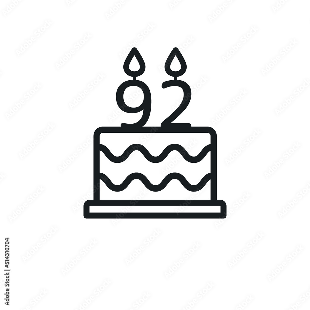 Birthday cake line icon with candle number 92 (ninety-two). Vector. Birthday cake line icon with candle number 92 (ninety-two). Vector.