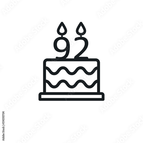 Birthday cake line icon with candle number 92 (ninety-two). Vector.