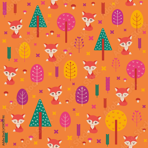 Kawaii woodland seamless pattern with cute fox. Fall autumn palette orange pink purple. Cute surface print repeat design tile with fox.