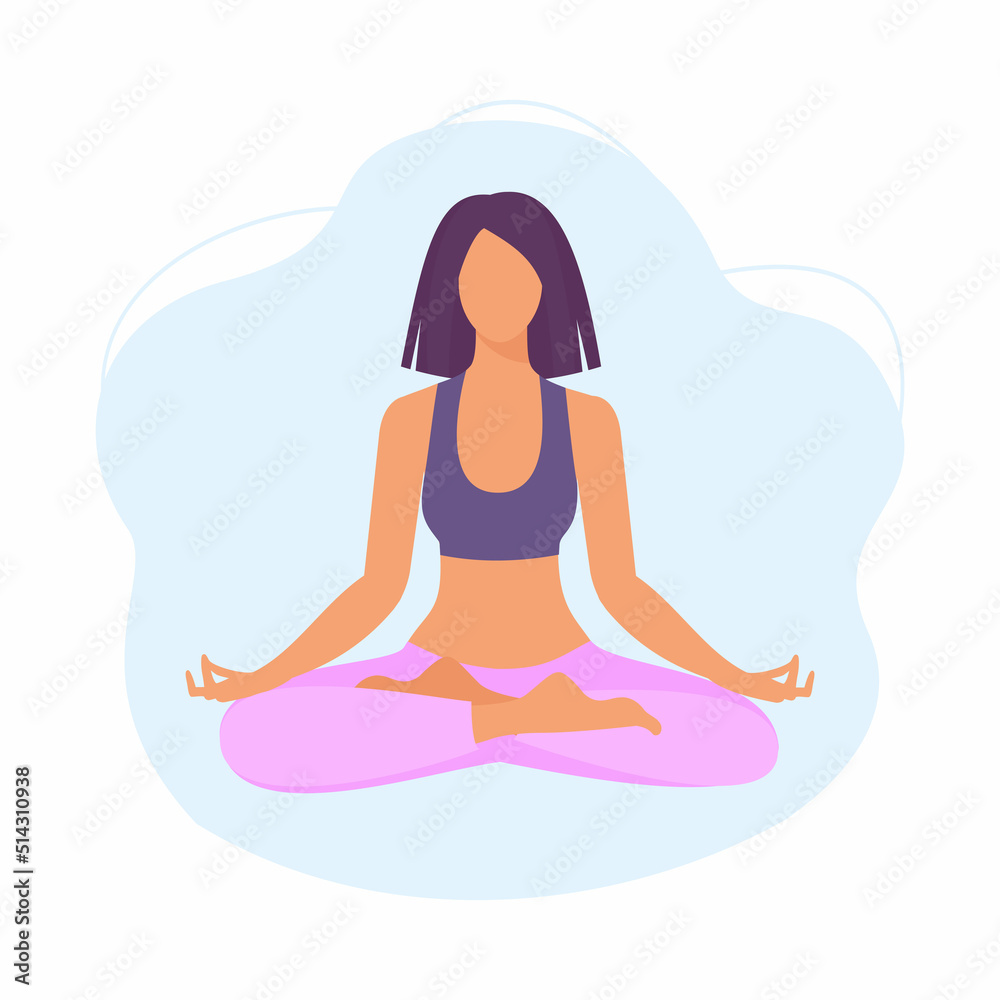 Young woman sitting in yoga lotus pose isolation on the white background. Meditating girl illustration. Yoga woman, meditation, anti-stress people.